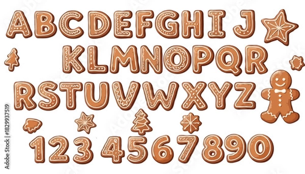 Fototapeta Gingerbread Cookie Alphabet and Shapes – Holiday Letters, Numbers, and Festive Icons on Transparent Background