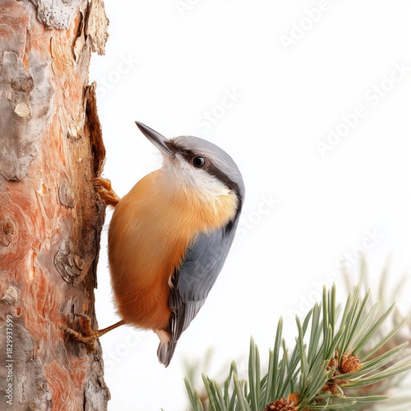 Obraz Eurasian Nuthatch on Pine Tree Trunk Isolated on White