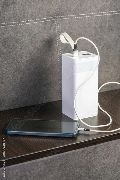 Fototapeta A sleek, modern power bank charging a smartphone on a stylish wooden surface, showcasing contemporary technology and minimalist design