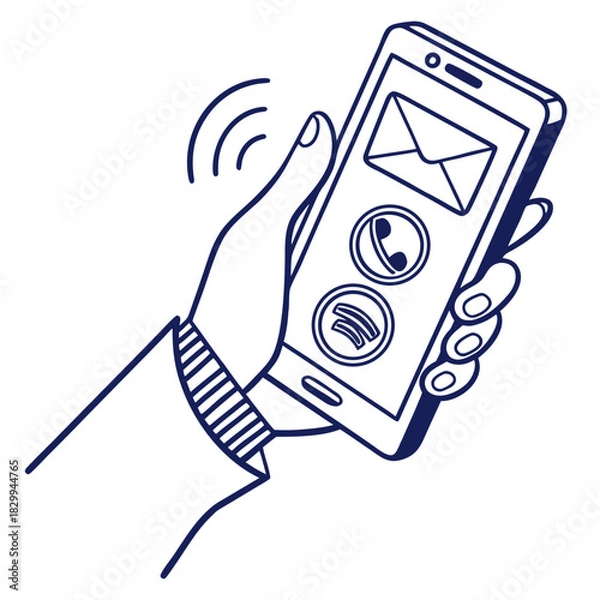 Fototapeta Hand holding phone line icon. Communication, call, send a message, smartphone, device, personal, user, internet connection. Technology concept. Vector line icon for Business and Advertising