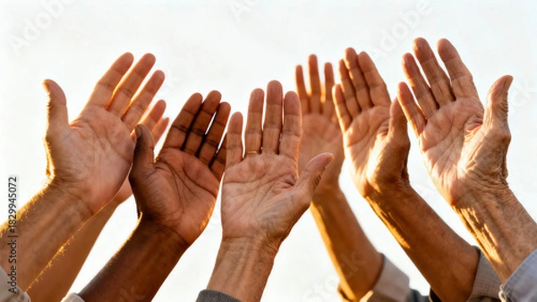 Obraz Diverse human hands raised with palms open towards a bright sunlit sky, symbolizing unity, hope, and community in a powerful backlit shot.