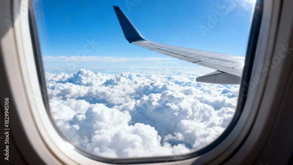 Fototapeta Serene aerial view from an airplane window featuring a wing against bright blue sky and vast white fluffy clouds, symbolizing travel and freedom.