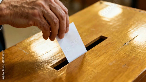 Obraz Senior person's hand casting a white paper ballot into a weathered wooden election ballot box, emphasizing civic duty and democratic process.