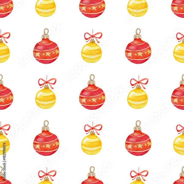 Fototapeta Christmas pattern with red and yellow decorations