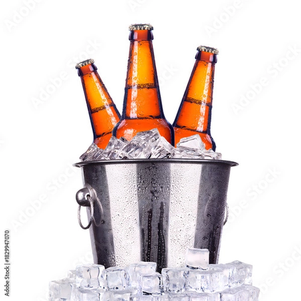 Fototapeta Beer Bottles in Ice Bucket PNG – Cold Beverage Bottles Isolated on Transparent Background