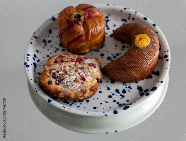 Fototapeta Plate with artisanal pastries including a banana-shaped banana cake, a fruity muesli cheesecake pastry, and a pistachio-filled pastry, perfect for breakfast or coffee break.