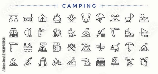 Fototapeta Camping modern icon set. Outline icons pack. Contain linear sign forest, tour, tent, travel, hiking. Editable stroke. Vector collection. Travel line icon set.