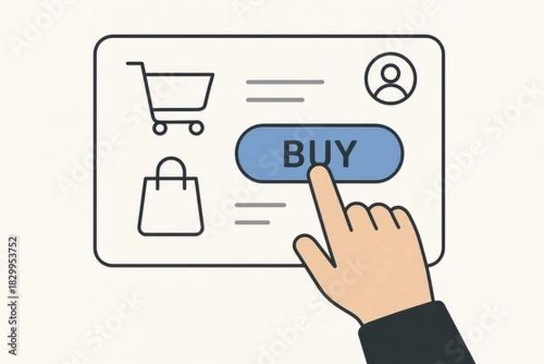 Fototapeta Hand clicking 'Buy' button on an online shopping interface, highlighting digital commerce and consumer behavior in e-commerce transactions.