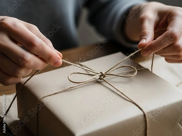 Fototapeta Person tying natural twine around a small beige gift box