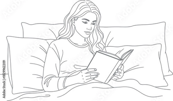 Obraz Young woman reading a book while lying in bed