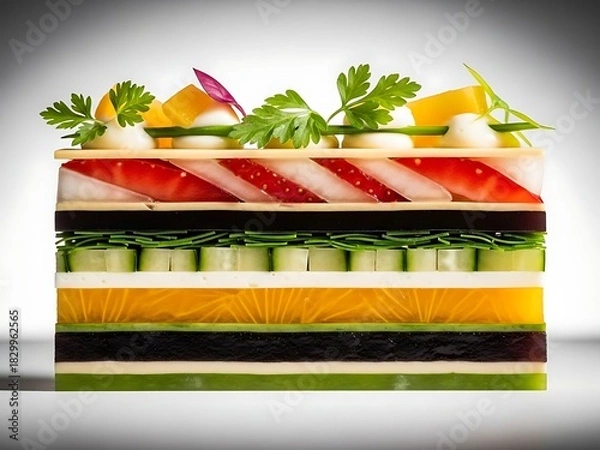 Fototapeta Layered fruit and vegetable terrine with fresh garnish on top