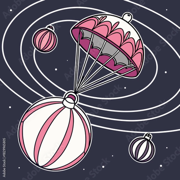 Fototapeta An abstract vector illustration showing a parachute attached to a giant Christmas ornament, floating against a backdrop of stars and planetary orbits. The image uses a dark purple, pink, and white pal