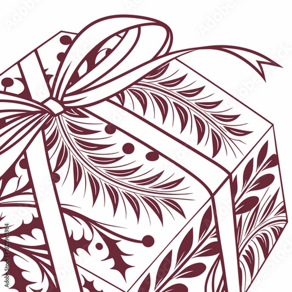 Fototapeta Close-up of Gift Box with Christmas Pattern and Bow. Vector Outline.
