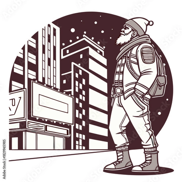 Fototapeta Modern Man in Winter Clothes in Cityscape. Vector Outline.