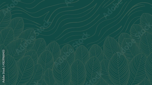 Fototapeta A dark teal background with stylized leaves and wavy lines creating a textured and organic feel design