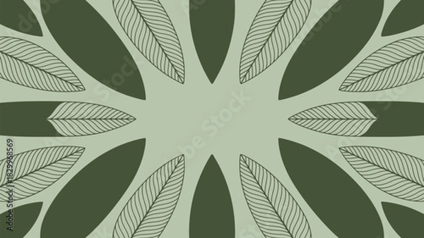 Fototapeta A symmetrical pattern of dark green leaves and outlined leaves on a light green background design art