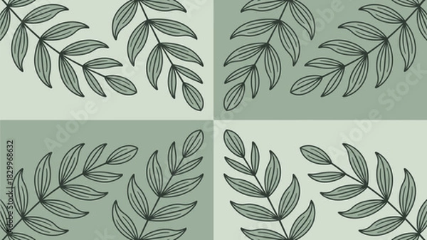 Fototapeta Four quadrants with hand drawn leaves in corners on a gradient green background creating a pattern