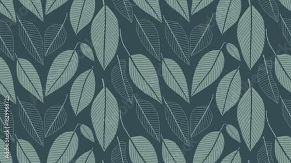 Fototapeta A repeating pattern of stylized leaves in shades of green and white on a dark teal background surface