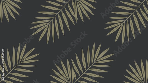 Fototapeta A dark background with a pattern of light green palm leaves scattered across the entire surface area here