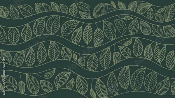 Fototapeta A seamless pattern of stylized leaves arranged between wavy lines on a dark green background design art