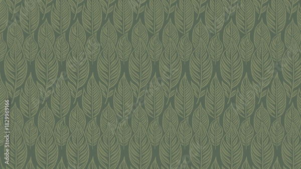 Fototapeta A repeating pattern of green leaves with detailed veins arranged closely together on a green background