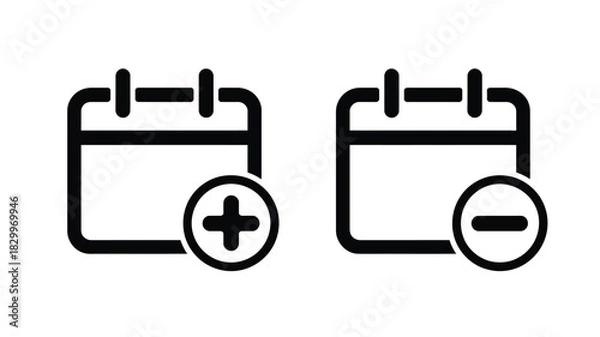 Fototapeta Two calendar icons in black outline with add and subtract symbols on a white background side by side
