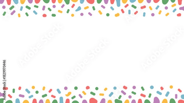 Fototapeta A white background with a border of colorful sprinkles and rounded shapes at the top and bottom edge