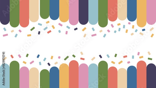 Fototapeta Colorful rounded rectangles border with confetti scattered on a white background in a playful design