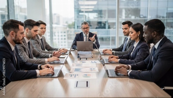 Fototapeta Business meeting with diverse professionals discussing strategy in office  