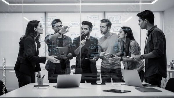 Obraz Team discussing project ideas in modern conference room with glass walls  