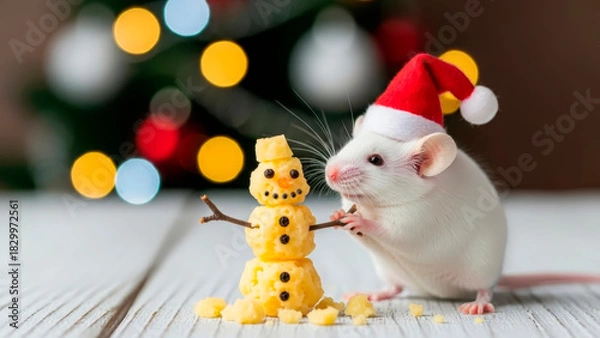 Obraz Funny white mouse in a Santa Claus hat made a snowman out of cheese, celebrating Christmas and New Year 
