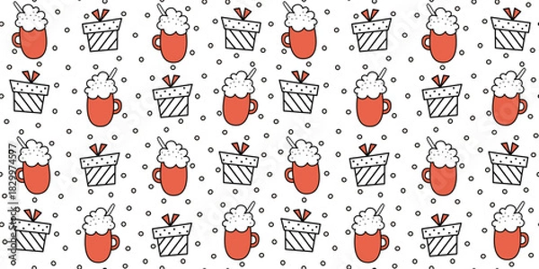 Fototapeta cute hand drawn black, white and red christmas horizontal seamless vector pattern background illustration with gift boxes, red mugs and snow