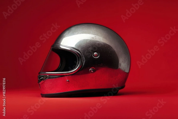 Obraz Studio shot of a worn black motorcycle helmet on a red backdrop, emphasizing safety and style