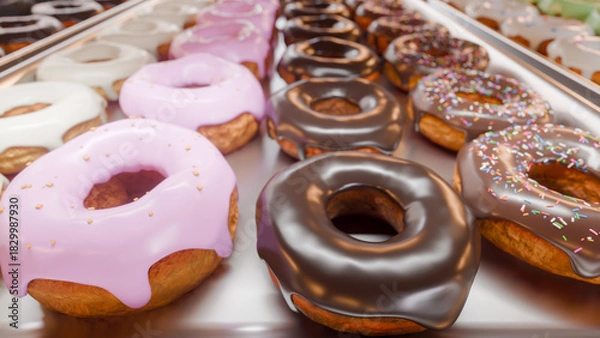 Obraz トレイに並んだカラフルなドーナツ
