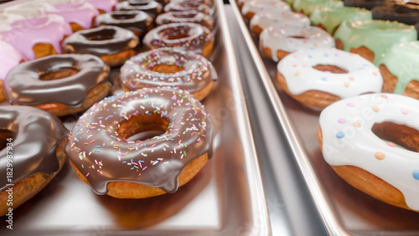 Obraz トレイに並んだカラフルなドーナツ
