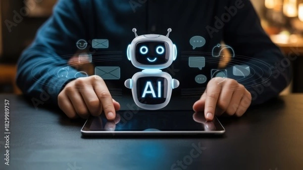 Obraz A futuristic AI bot with hands interacting with tablet