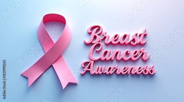 Obraz Breast Cancer Awareness Month vector design featuring a detailed 3D pink ribbon and embossed 3D text on a clean, pastel pink abstract background