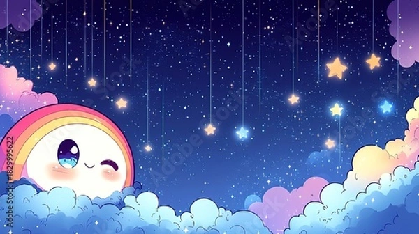 Obraz Cute Cartoon Moon in Star - Filled Night Sky with Clouds