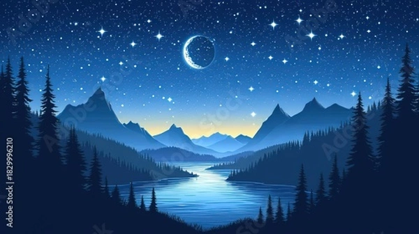 Obraz Nighttime Landscape with Crescent Moon, Star - filled Sky, Mountains, Lake and Pine Forests