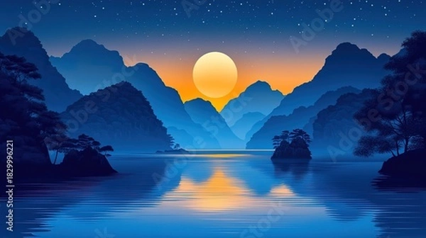 Obraz Serene Mountain - Lake Landscape at Dusk with Full Moon and Starry Sky