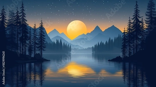 Obraz Scenic Mountain Lake at Night with Full Moon and Pine Trees