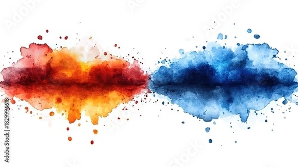 Obraz Two Large Watercolor Blots in Red - Orange and Blue with Splashes on White Background