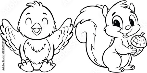 Obraz Happy Cartoon Chick and Squirrel Holding an Acorn, Outline Animal Drawing
