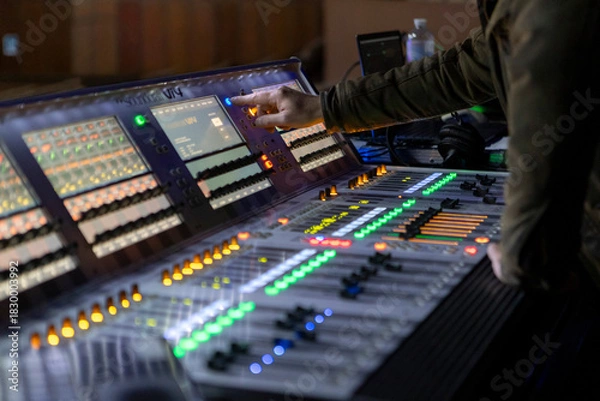 Obraz A sound engineer works at a digital mixing console at a concert.