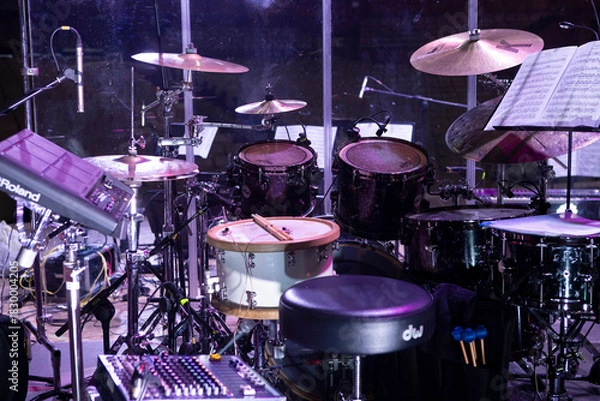 Obraz Drum kit on stage before a concert behind a screen