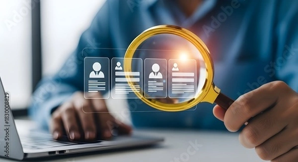 Obraz Recruitment and human resources concept searching for the best candidate with a magnifying glass