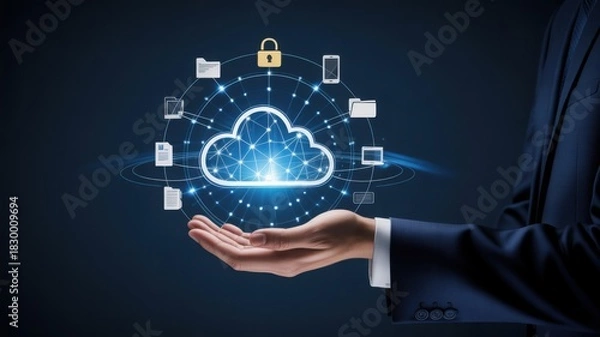 Obraz A person holding a digital cloud icon, with various connected elements symbolizing data storage and security