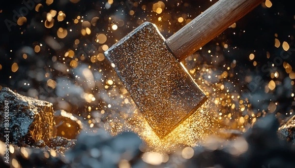 Obraz Axe Striking Rock with Sparks: A Dramatic Close-Up of Power, Precision, and Impact in a Dark Environment