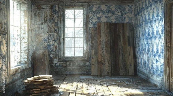 Fototapeta Abandoned Room Interior with Sunlight Streaming Through Window, Distressed Wallpaper, Wooden Planks, and Debris on Floor, Evoking Decay and Neglect