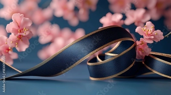 Obraz Elegant Navy Blue Ribbon with Gold Trim and Pink Cherry Blossoms on a Blue Background, Perfect for Gift Wrapping and Springtime Celebrations